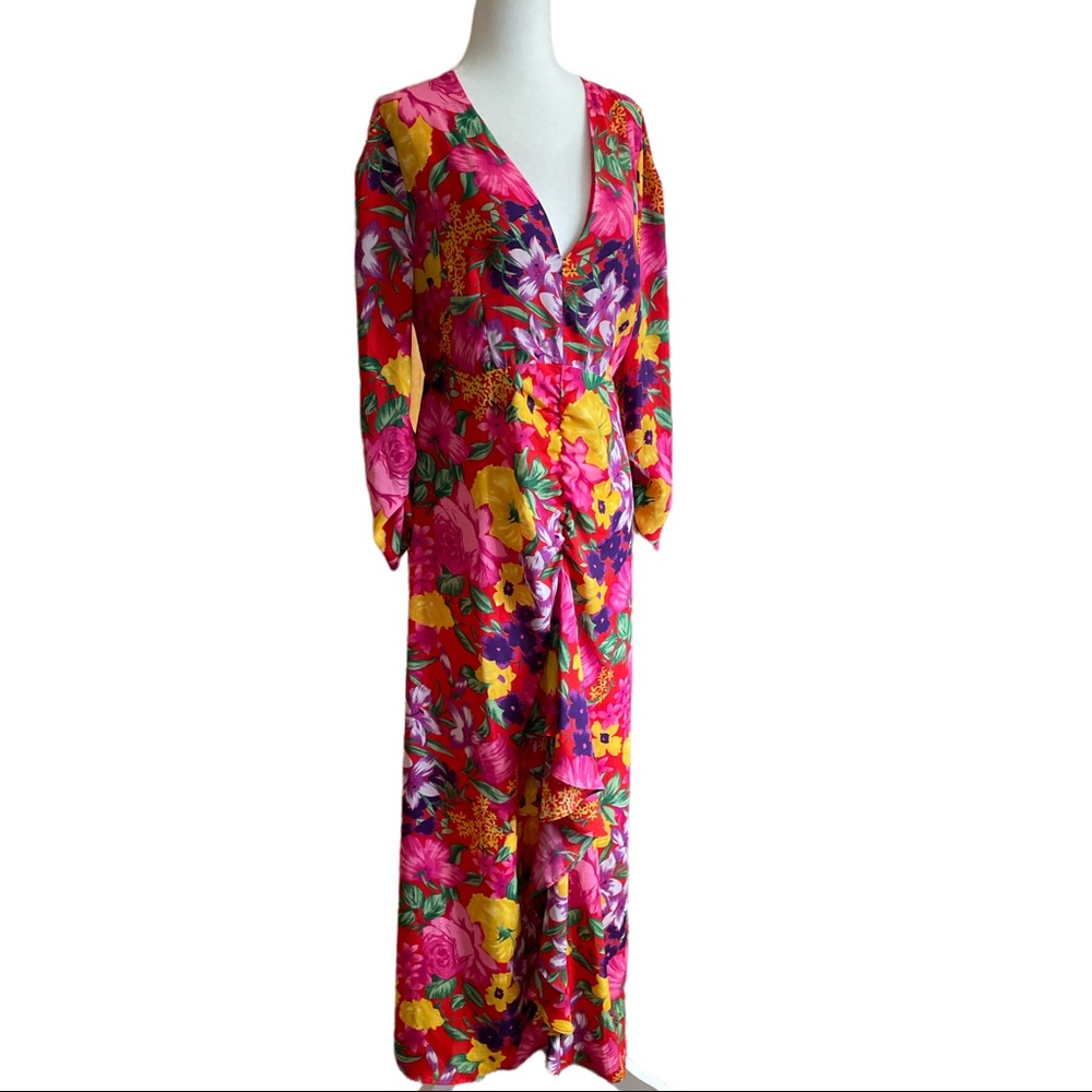 Rixo Pink Floral Open Back Dress Sz 10, Cascade Ruffle Front Limited Edition NWT